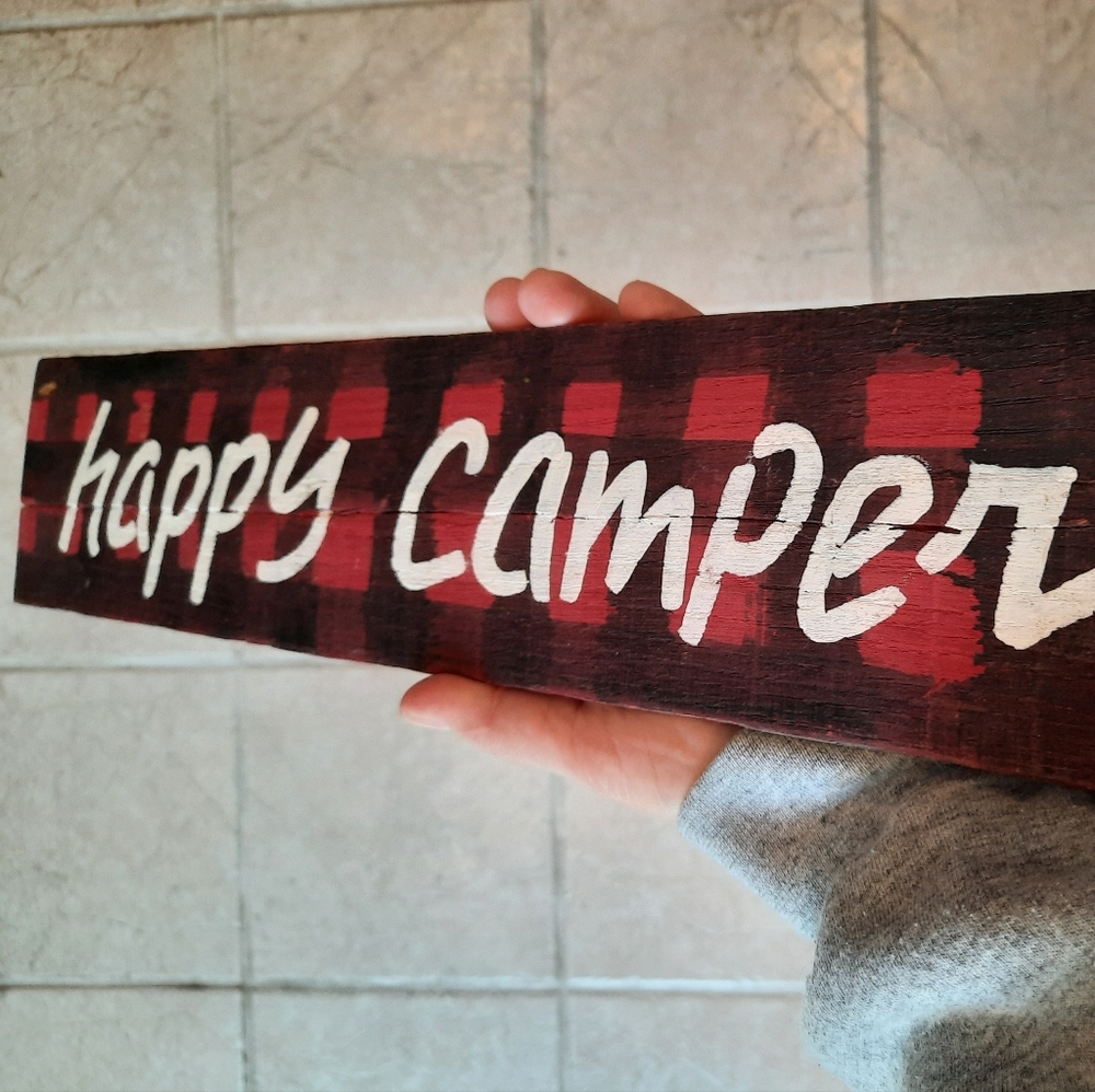 Hand painted "Happy Camper" wood sign buffalo check